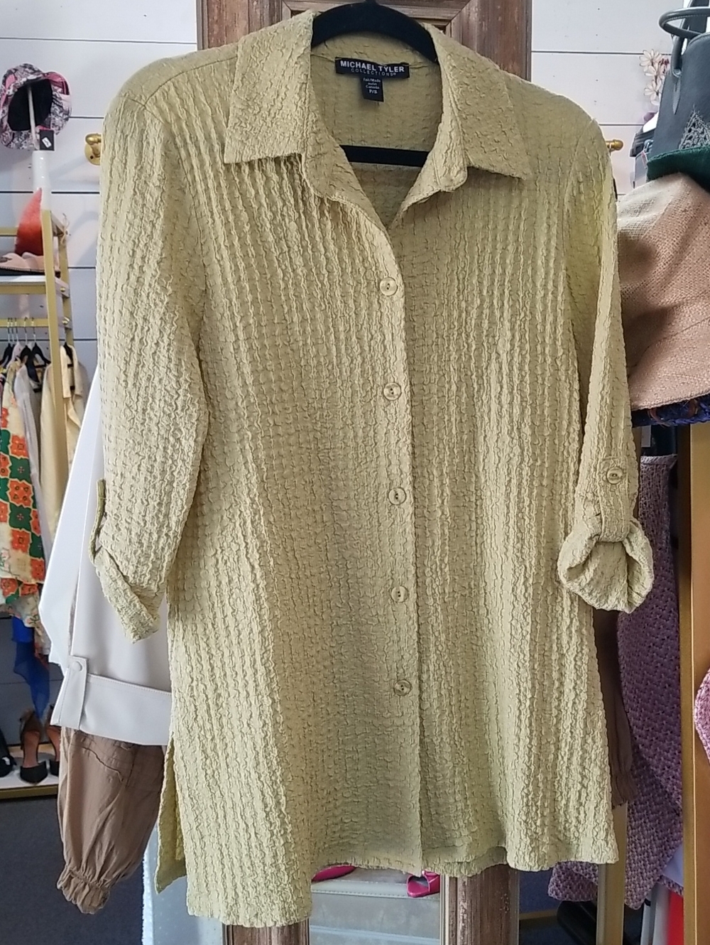 Michael Tyler Women's Light Olive Crinkle Button-Up Shirt